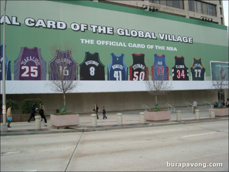 A mural of international NBA player jerseys outside Philips Arena/CNN Center.