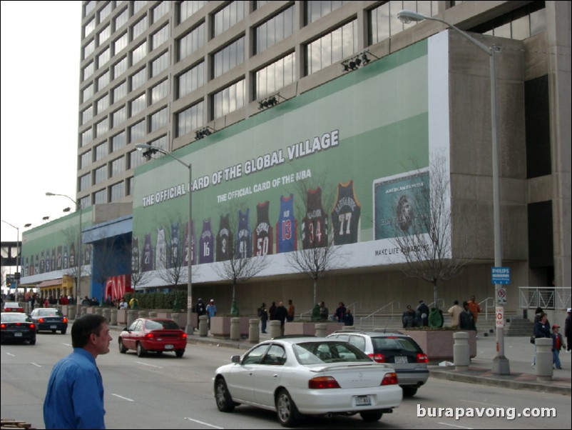 A mural of international NBA player jerseys outside Philips Arena/CNN Center.