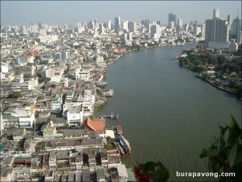 Aerial views of Bangkok from Samphanthawong. Chao Phraya River below.