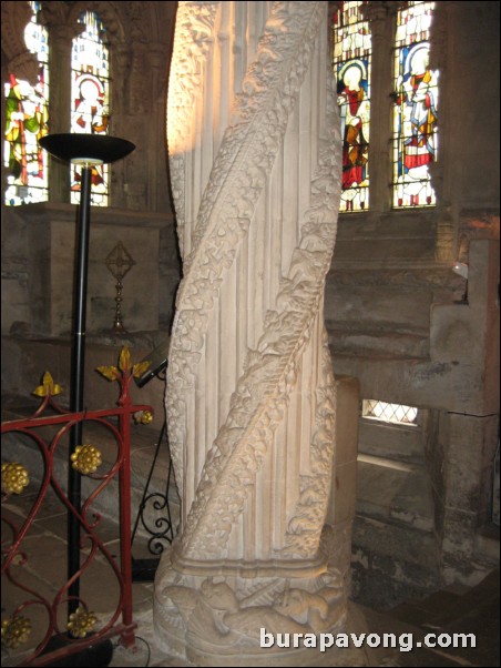 Inside Rosslyn Chapel.  The Apprentice Pillar.