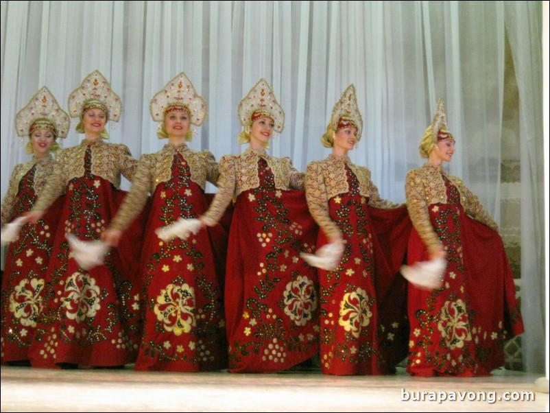 The Stars of St. Petersburg doing lyrical dances of the Russian North, Cossacks from the Don and Voronezh, and miniatures of the Urals and Siberia.