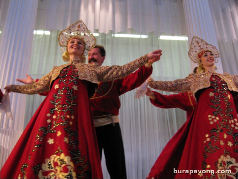 The Stars of St. Petersburg doing lyrical dances of the Russian North, Cossacks from the Don and Voronezh, and miniatures of the Urals and Siberia.