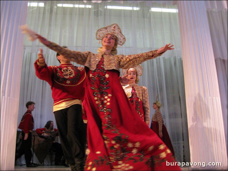 The Stars of St. Petersburg doing lyrical dances of the Russian North, Cossacks from the Don and Voronezh, and miniatures of the Urals and Siberia.