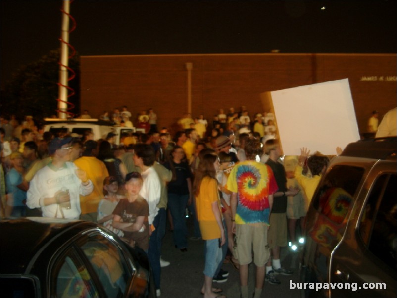 Georgia Tech students, alumni, and fans gather outside Alexander Memorial Coliseum.