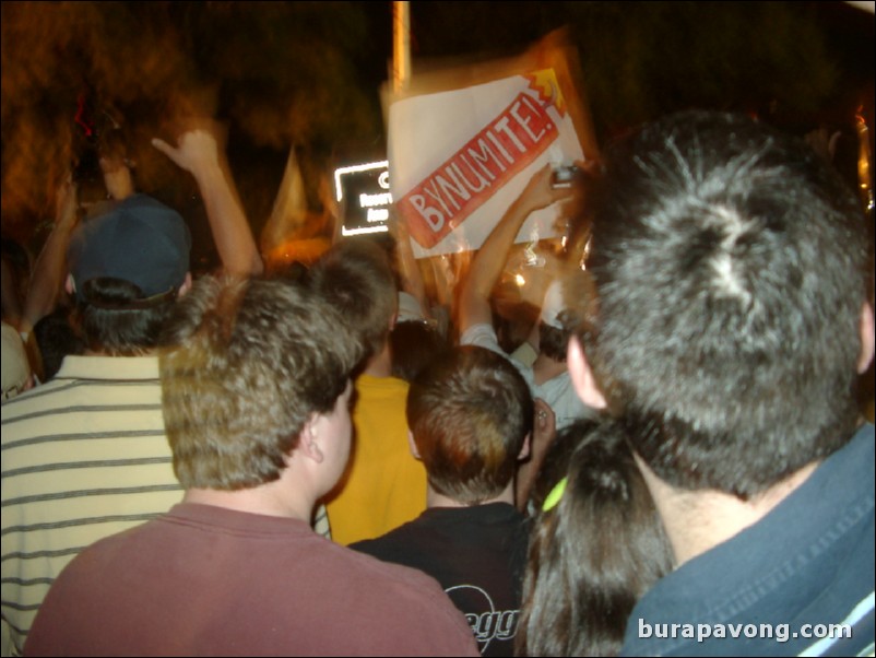 Georgia Tech students, alumni, and fans gather outside Alexander Memorial Coliseum.