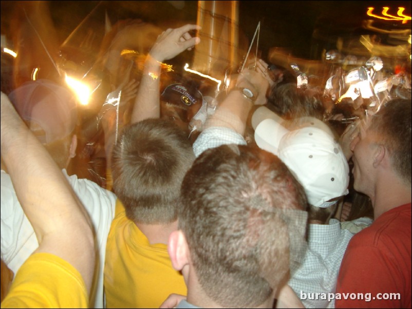 Georgia Tech students, alumni, and fans gather outside Alexander Memorial Coliseum.