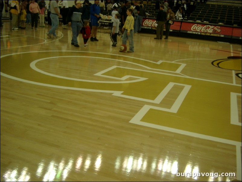 Up-close view of the GT logo at center court.