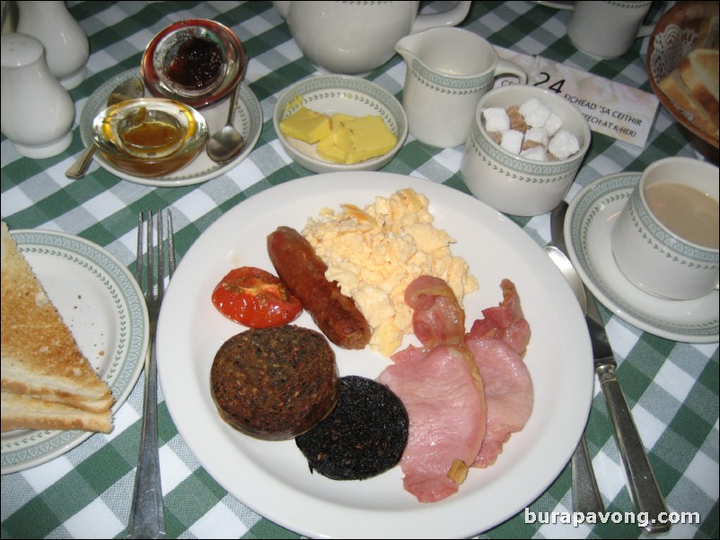 Scottish breakfast at The Rosedale Hotel, complete with haggis and black pudding.