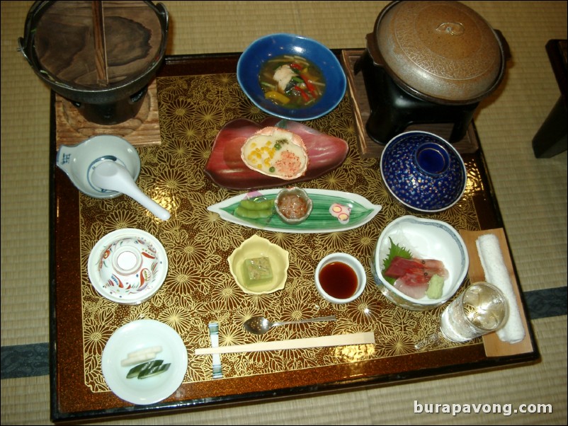 Traditional Japanese kaiseki dinner. Hotel New Akao Royal Wing, Atami.
