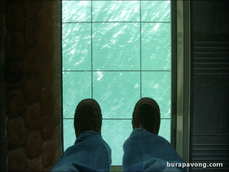 Looking down into the water from inside Akashi-Kaikyo Bridge.