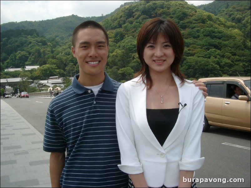 Some actress/reporter on Togetsukyo Bridge, Arashiyama.