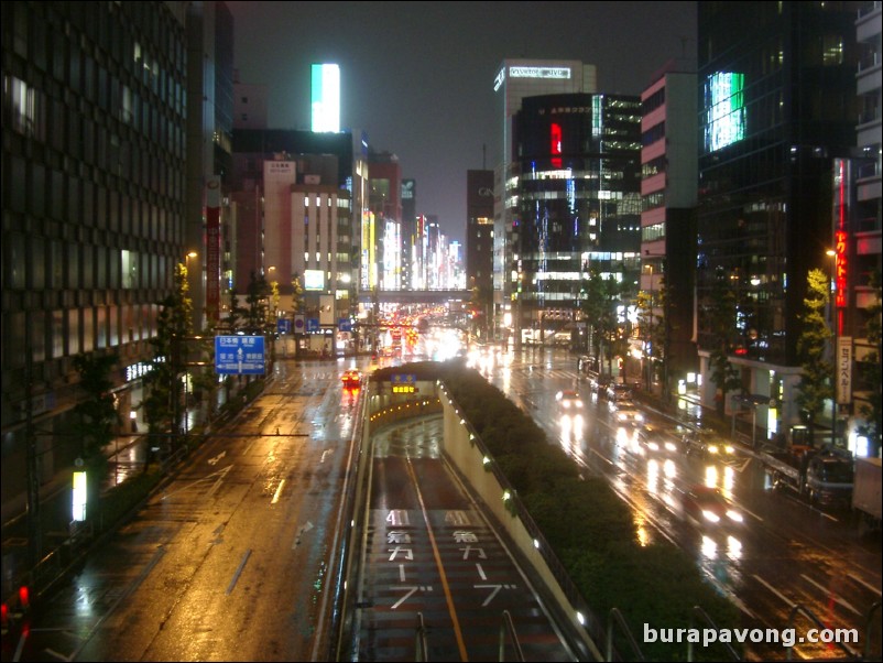 View of Ginza at night from Yurikamome Shimbashi station.