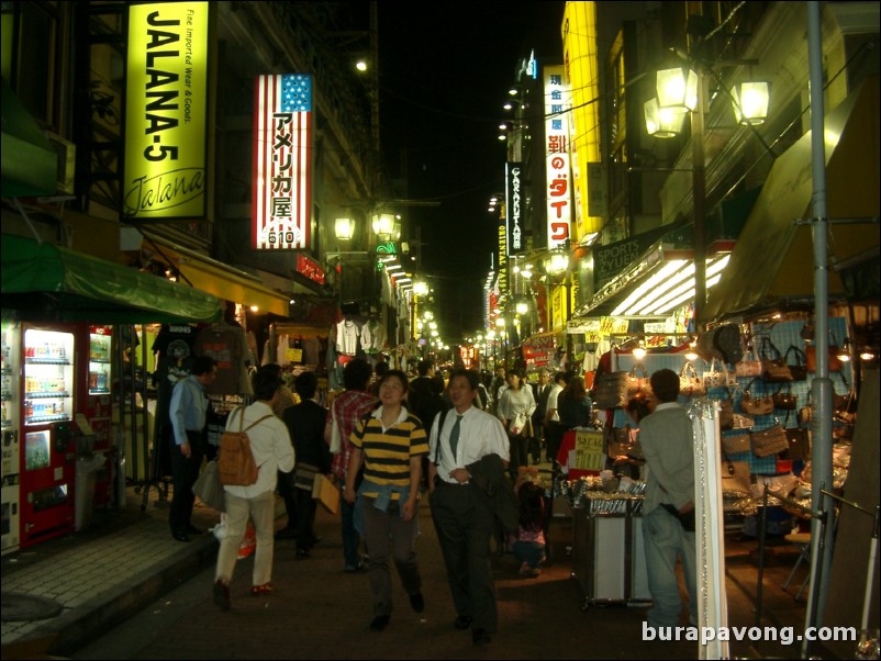 Ameyayokocho (Ameyoko Arcade) at night.