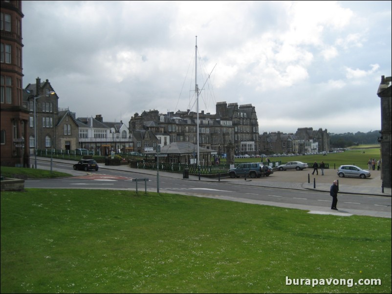 View of The Old Course, 18th Green Shop, and other golf shops from Bow Butts.