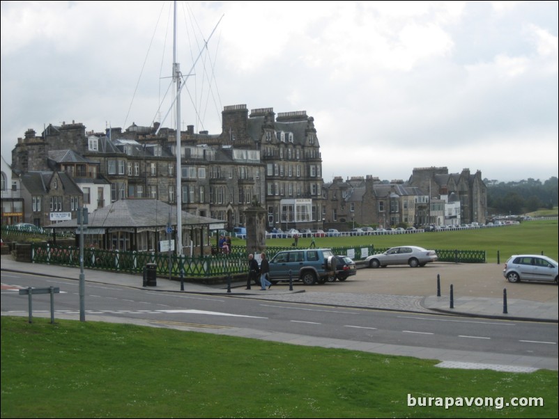 View of The Old Course, 18th Green Shop, and other golf shops from Bow Butts.