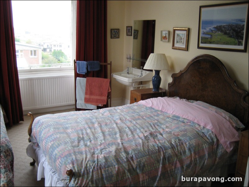 One of the bedrooms in Mrs. Hippisley's house, with a view of St. Andrews Links and the North Sea.